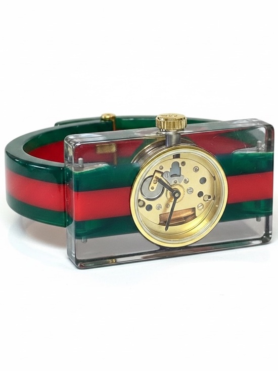 Gucci Accessories - Gucci Skeleton Clear Rectangular Watch with Red and Green Stripe Strap